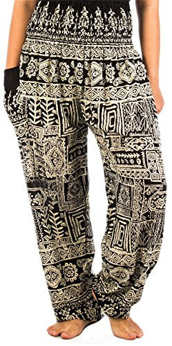 Lofbaz Damen Haremshose mit gesmoktem Bund Geometrischer Druck Schwarz Size L