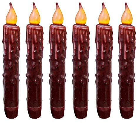 CVHOMEDECO. Real Wax Hand Dipped Battery Operated LED Timer Taper Candles Rustic Primitive Flameless Lights Décor, 6.75 Inch, Burgundy, 6 PCS in a Package