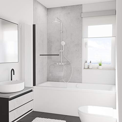 Schulte pare-baignoire 80 x 140 cm avec porte-serviette, profilé noir, montage à gauche, pivotant rabattable 180° contre le mur, verre de sécurité 5 mm transparent, joint d'étanchéité