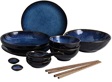 JBKNAN 14 teilig Keramik Geschirr Set mit Suppenschüssel Reisschale Teller Löffel essstäbchen für 2 Personen japanische - Blaue,Schüssel Retro