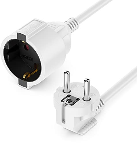 deleyCON 5m Verlängerungskabel Stromkabel Netzkabel Verlängerung Schutzkontakt Stecker Typ F (CEE 7/4) 90° Gewinkelt auf Buchse (CEE 7/3) Berührungsschutz TV PC Computer Beamer - Weiß