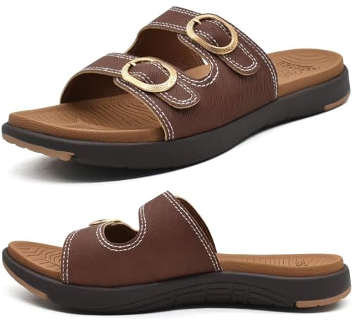 COFACE Sandalen Damen Orthopädische Comfortfüße Plantarfasziitis Arch Support Orthotic Slides Sandalen Sommer badelatschen Leicht Outdoorsandale Verstellbare Riemen Yoga fussbett,Braun Größe 38.5