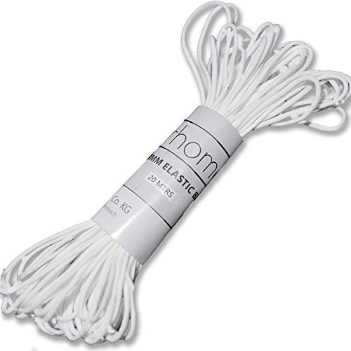Urhome rundes 3mm Gummiband zum Nähen von DIY Kleidung Rundgummi | elastische Gummilitze Wäschegummi | Schnur Gummi mit hohe Elastizität Weiß in 20 Meter Länge