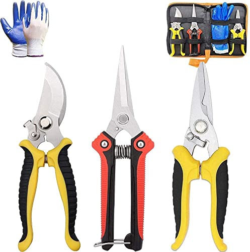 3 pack Garden Secateurs,Stainless Steel Pruning Scissors Kit with Blade Locking, Ergonomic Garden Shears Set for Fruit Branch, Hedge,Fruits & Vegetables, Plants(with Non-slip Gloves)