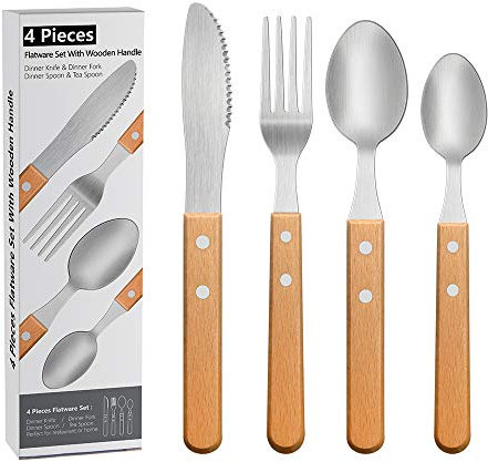 4 Piece Flatware Set - Stainless Steel Cutlery Silverware, Healthy & Eco-Friendly Premium Utensils Knife Fork and Spoon Set with Wooden Handles, Gift Package for Wedding Housewarming