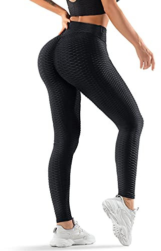 Oielai Tik Tok Damen Sport Leggings, High Waist Push Up Boom Booty Leggings mit Bauchkontrolle, Lange Sporthose Fitnesshose Yoga Leggings für Damen Mädchen, Schwarz, XL