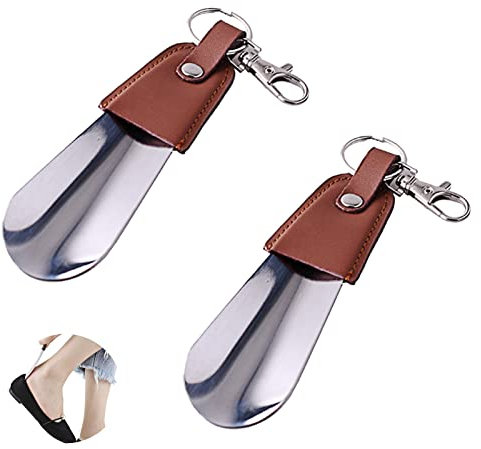 Corne à Chaussures en Acier Inoxydable Petit Corne à Chaussures Chausse-pied en Acier Inoxydable avec Bracelet en Cuir et Porte-clés pour Hommes, Femmes, Enfants, Seniors 2 Pièces(Marron)