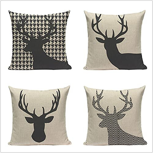 4er Set Dekorative Kissenbezüge 50x50cm Hirsch Schwarz Weiß Kissenhülle Baumwolle Leinen Kissenbezug Zierkissenbezug mit Verstecktem Reißverschluss für Kinder Sofa Schlafzimmer Zuhause Dekor 20x20in