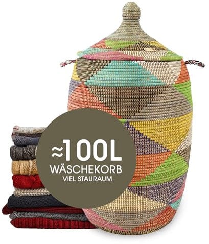 Traditioneller afrikanischer Wäschekorb - Gueno - XXL Korb - geflochten - Handarbeit - made in Afrika - Höhe ohne Deckel gemessen ca. 60 cm (dreieck-bunt)