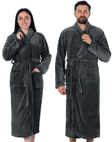 Gräfenstayn® Damen & Herren Kuschelfleece Bademantel ohne Kapuze mit Öko-Tex Standard 100 in Größe S-XXXL (M, Anthrazit)