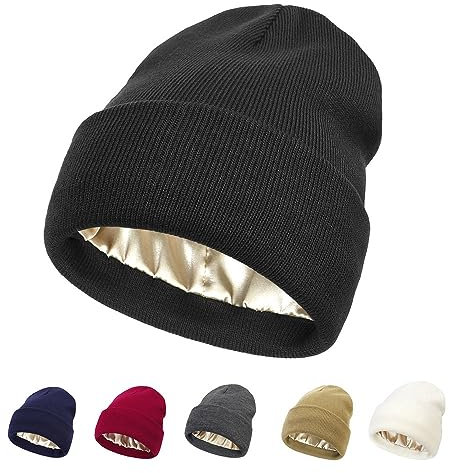 Damen Satin gefütterte Wintermütze mit Zopfmuster für Damen, Seidenfutter, dicke Mütze, Totenkopf, warm, Schwarz mit Bündchen, Einheitsgröße