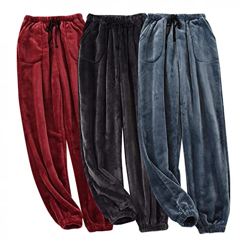 Celucke Pantaloni da pigiama da uomo, pantaloni lunghi, per autunno e inverno, caldi, in flanella, larghi, spessi, in pile corallo, per la casa, Nero , XXXL