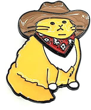 Anstecknadel mit Cowboyhut und Katze, Metall, Emaille, Orange