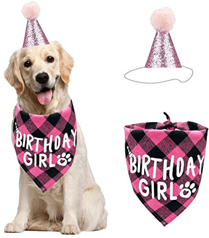 Hund Geburtstag Bandana Hut Schal Set, Hund Geburtstag Party Zubehör, Hunde Bandana Junge Mädchenm Welpe Geburtstags Hut Schal klassisches Kariertes Design für Hunde (Pink)
