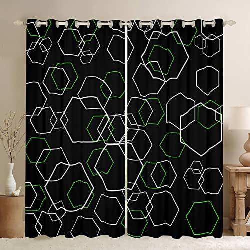 Loussiesd Geometrisch Blickdichte Vorhänge Geometrisch Waben Fenstervorhang 183x117cm für Kinder Jungen Mädchen Grün Weiß Schwarz Deko Vorhänge Geometrisch Hexagon Deko Schlafzimmer Kollektion