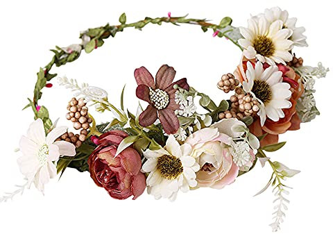 Blumenkrone Hochzeit - Blumenkranz Haare für Braut, Damen, Mädchen - Rose Blumen Haarband Verstellbares Stirnband Haarreif Boho Haarschmuck für Frauen, Zeremonie, Party, Festival
