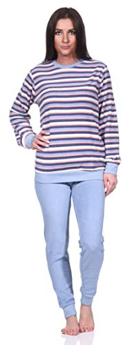Normann Damen Frottee Schlafanzug lang, Pyjama mit Bündchen in toller Streifen-Optik, Farbe:hellblau, Größe:44-46