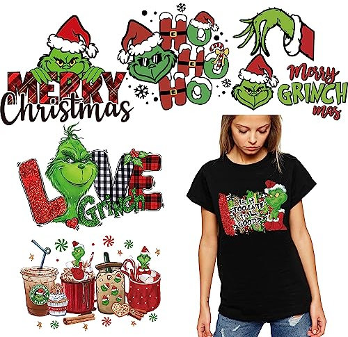 6 Stück Weihnachten Bügelbilder Xmas Bügelbilder für Kleidung Weihnachten Wärmetransfer-Aufkleber zum Aufbügeln auf Weihnachtsmann grünes Monster Muster für T-Shirts Kissenbezug Hoody Tasche Xmas DIY