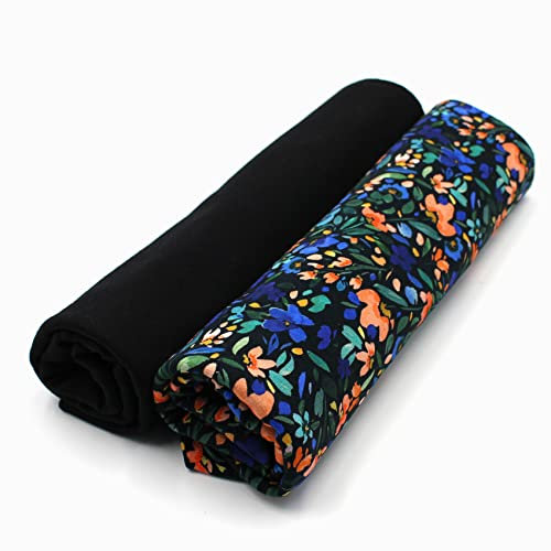 VmG-Store Jerseystoff Set farblich abgestimmt Design + Uni je 0,5mx1,5m 95% Baumwollstoff 5% Elasthan Tex Standard 100 (Wild Flower+schwarz Set22)