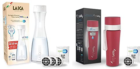 Laica Bk31A Bottiglia Filtrante In Vetro Glassmart, 3 Filtri Fast Disk Inclusi, 360 Litri Di Acqua Filtrata Istantaneamente, Bianco/Trasparente & MyLaica Borraccia Filtrante in Acciaio, Rosso, 0.55 LT