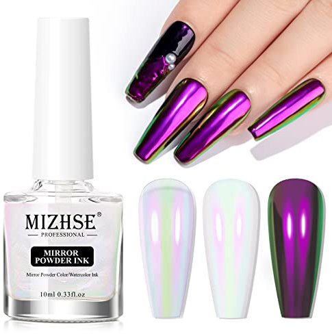 MIZHSE Chrome Nail Powder Liquid Mermaid Nail Polish Aurora Magic Metallic Mirror Nail Gel Glitter Pearl Nail Polish 10 ML