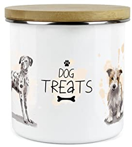 Purely Home Dog Treats Storage Canister - Dalmation Frenchie Terrier Spaniel - White Metal Enamel Kitchen Food Storage Container