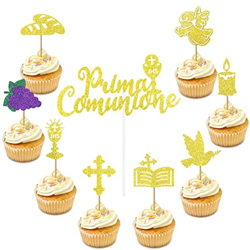 BURGEON Topper Prima Comunione Cake Topper 9pz Oro Glitter Comunione per Bambini Decorazione Torta Cupcake Partito Angelo Piccione Santo Graal Addobbi Per Battesimo, Cresima, Decorazione per Torta