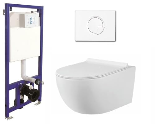WC Komplettset Spülrandlos Sitz Soft Close Vorwandelement Unterputz Spülkasten Vorwandspülkasten Keramik Unterputzspülkasten Wand WC Set Schüssel weiß/schwarz + Drückerplatte (SD 1, weiß)