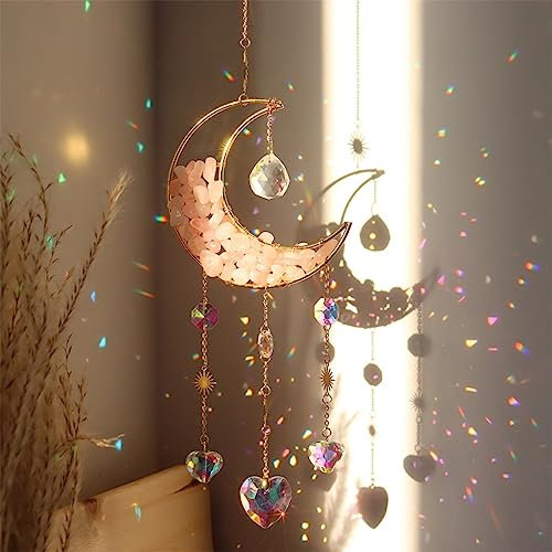 Sonnenfänger für Windo ws, rosa hängende Mond Stern Sonne Regenbogen Kristall für Garten Ornamente Outdoor Regenbogen Maker Kristall für Auto Home Office Garten Valentinstag Dekoration