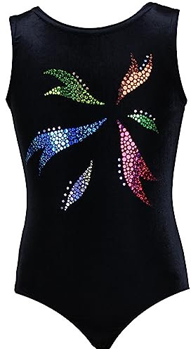 Gymnastikanzug Sterne Lycra Mädchen Turnanzug Kurzarm Kinder Turnbody kurzärmlich, Größe:116, Farbe:Samt in Schwarz/FLORA
