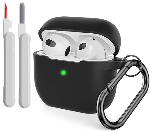 KOKOKA Silikonhülle Kompatibel mit AirPods 3 Hülle mit Reinigungsset und Schutzhülle für AirPods 3rd Generation Case, Stoßfeste Weiche Dünne Case für Airpods 3 Mit Karabiner, Schwarz