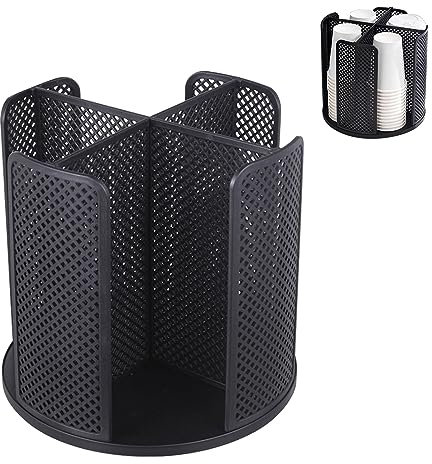 Tefola Dispenser Portabicchieri in Metallo, 360° Rotazione Circolare Portabicchieri con 4 Verticale Scomparti, Supporto per Tazza di Carta, Organizer per Cucina e Bar e Bagno (Nero)