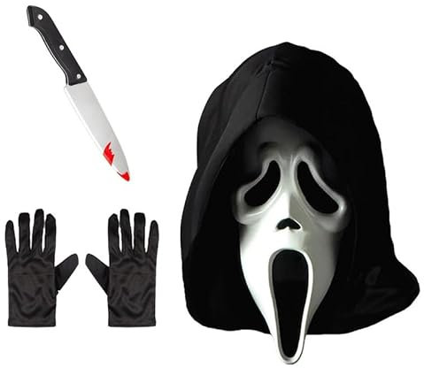 My Illusions Officially Licensed Scream Ghostface Mask + Toy Knife + Gloves Adults Halloween Fancy Dress Costume Accessory Set (Standard)