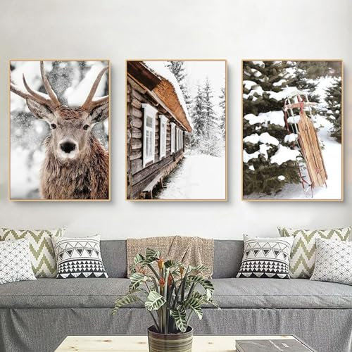 3er Poster Set, Winter-Schneelandschaft Elch Holzhaus Bilder, ohne Rahmen Modern Weihnachtsdekoration Wandbilder Wohnzimmer Deko Schlafzimmer (A,30x40cm)