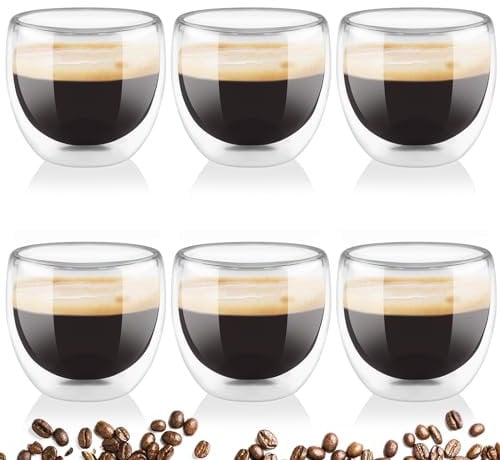 Mezzar Tazzine Caffe Vetro, 6 Pezzi Tazza Doppio Vetro 80ml Set, Lavabili Trasparenti Bicchieri per Cappuccino Strato Latte tè Macchiato Whiskey Tè Caffè (80ML)