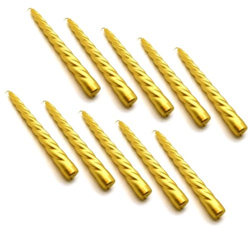 Tapered Dinner Candles, Table Spiral Candles, Pack of 10, Decorative Household Candles, Unscented, Natural Vegan Wax, Clean Burn, 7 Hours Burning Time, 23 cm / 9 Long (Gold Metallic)