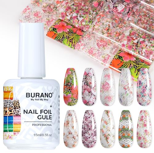 BURANO Transferfolie Nägel Nagelfolien, Nail Art Foil Kleber Folienkleber mit 10PCS Foliensticker,Transferfolie Nagelsticker 15ml 1 Flaschen Nail Art Klebetransfer (Flower Foil 10)