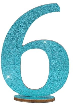 Oblique Unique® Zahlen Holz Aufsteller Türkis mit Glitzer Dekoration für Geburtstag Jubiläum Deko Tischdeko Torten Deko (Zahl 6)