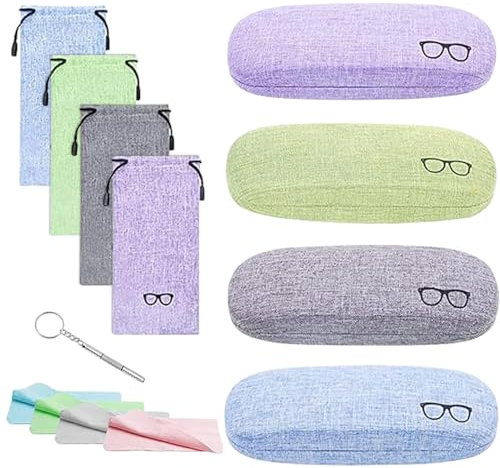Custodia Per Occhiali, 4 Pezzi di Custodia Rigida per Occhiali, con Sacchetto di Stoccaggio a 4 Colori e Panno per la Pulizia, 1 Pezzo di Cacciavite, Adatto a Uomini e Donne