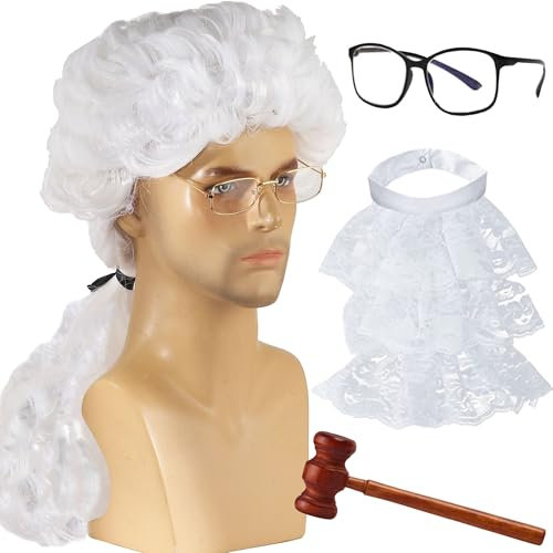 SQAQS 4Pcs Richter Kostüm Zubehör, Unisex Erwachsene Richter Kostüm, Richter Holz Hammer und Schwarze Brille, Perücken mit Zopf, Richter Bluse Kragen, Cosplay-Perücke, für Rechtsanwälte(Männlich)