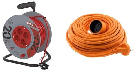 EMOS Kabeltrommel Schuko, 20m Kabel mit 1mm Querschnitt, 4 Steckdosen, Indoor Kabelrolle, Schutzklasse IP 20 & Zenitech Prolongateur 16A HO5VV-F 2x1.5 Orange 20m