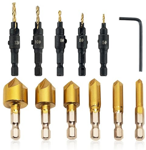 12 PCS Countersink Drill Bit Set, 6 PCS High Speed Steel Counter Sinker Drill Bits 5 Flute, 5Pcs Titanium Plating 1/4inch Hex Shank Power Tools with L-Wrench for Woodworking, Wood Drilling