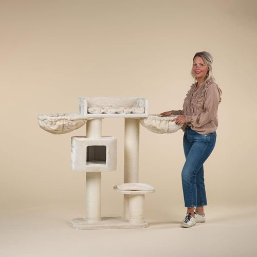 RHRQuality Cat Tree for Large Cats - Devon Rex Plus – 120 cm High – With 15 cm Sisal Posts & Playhouse – Cream