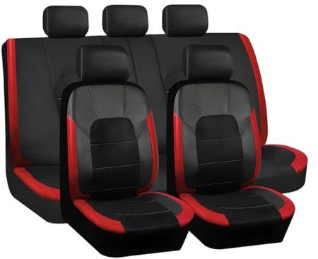 JNNJ 9 Stücke Auto Leder Sitzbezug Sets Atmungsaktiv Wasserdicht rutschfest Sitzschoner, Sitzbezüge Auto Vorne Und Hinten, Auto-Schonbezüge Set Fit Für SUV, Leder Autositzbezüge Universal(Rot)
