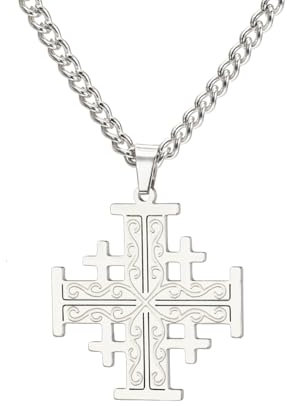 EUEAVAN Jerusalem Kreuzritter Kreuz Halskette Kreuzritter Templer Kreuz Anhänger Medaillon Scheibe Griechisch Religiöser Schmuck Gebet Statement Taufe Geschenk Frauen Männer (3 mm Kette silber)