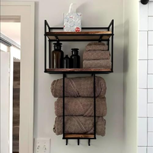 BOOXMIMI Multi-Functional Wall Badregal Schwarz mit 3 Haken & Holzregal, Raumsparendes Wandregal Badezimmer für Handtücher, Decken, Deko
