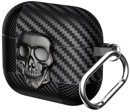 Casevita Schutzhülle für AirPods der 3. Generation, mit Schlüsselanhänger, cooler Totenkopf, Kohlefaser, lustig, TPU, stoßfest, für Herren, kompatibel mit AirPods 3