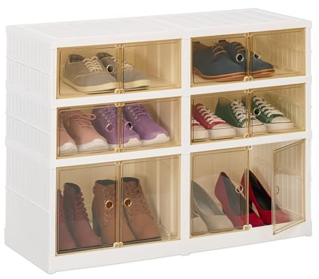 Relaxdays Zapatero Plegable, 12 Pares, 66,5 x 86,5 x 34,5 cm, Organizador Zapatos con Ruedas, Plástico, Blanco y Marrón, S