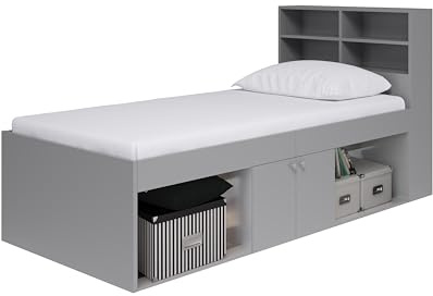 Kidsaw Single, Kids Teenager Cabin Storage Bed with Bookcase Headboard (Grey)