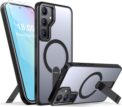 Giyer Handyhülle für Samsung Galaxy S24/S25 Hülle mit Schutzfolie, Magnetisch Ständer Schutzhülle Durchscheinende Matt Hart Rückseite Stoßfest Case für Samsung S24/S25 5G Cover (Schwarz)